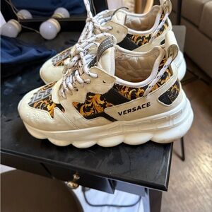 Versace White Sneakers with Black & Gold Baroque Accents